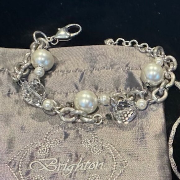 Brighton Pearl, Crystal & Silver Double Links Bracelet - Picture 1 of 2